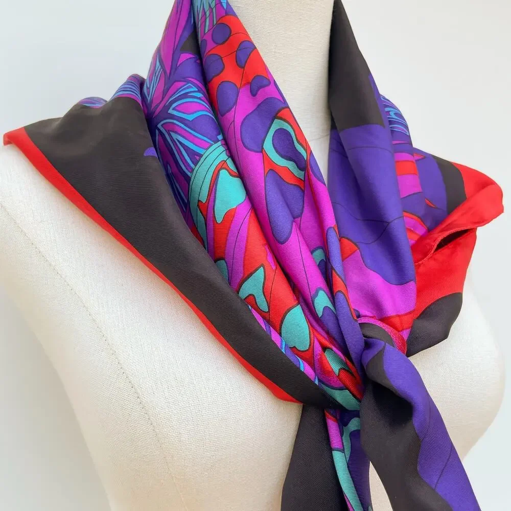 Vintage 70s 80s Satin Square Scarf Butterfly Psychedelic Colorful Dopamine